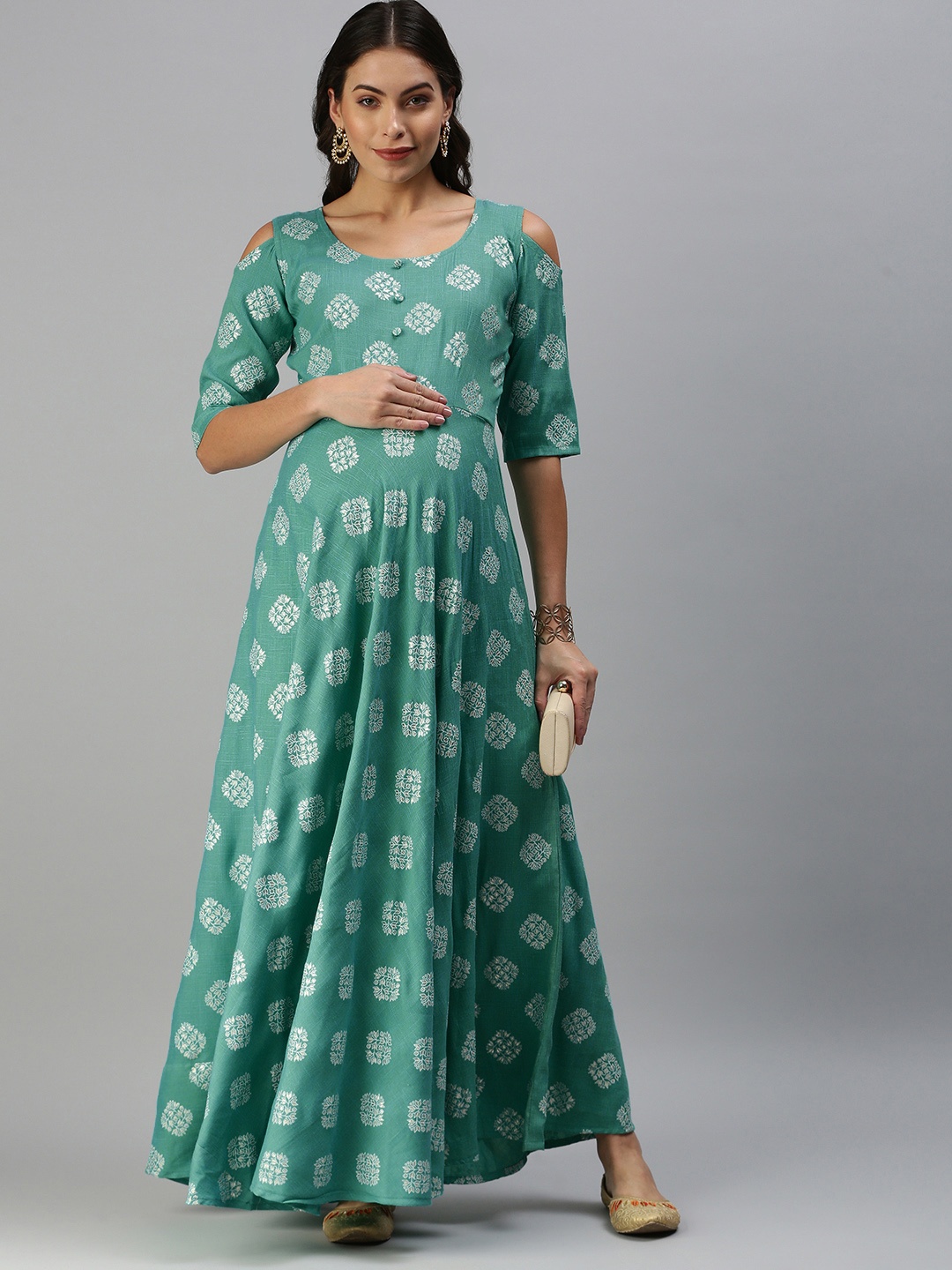 

Swishchick Sea Green & White Ethnic Motifs Printed Maternity A-Line Maxi Dress