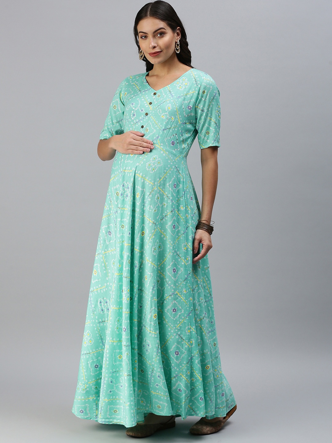 

Swishchick Turquoise Blue & White Ethnic Motifs Printed Maternity Maxi Dress