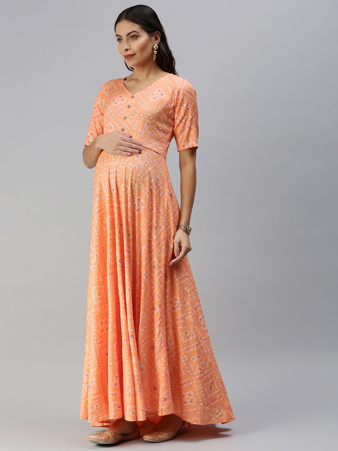 

Swishchick Coral Orange & White Ethnic Motifs Printed Maternity Maxi Dress