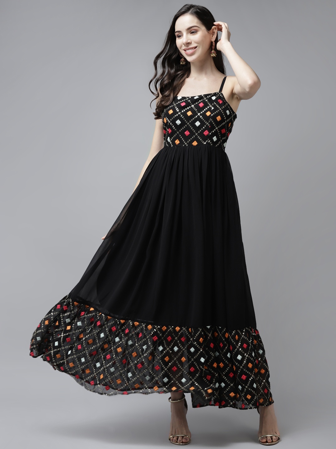 

PANIT Geometric Embroidered Maxi Ethnic Dress, Black