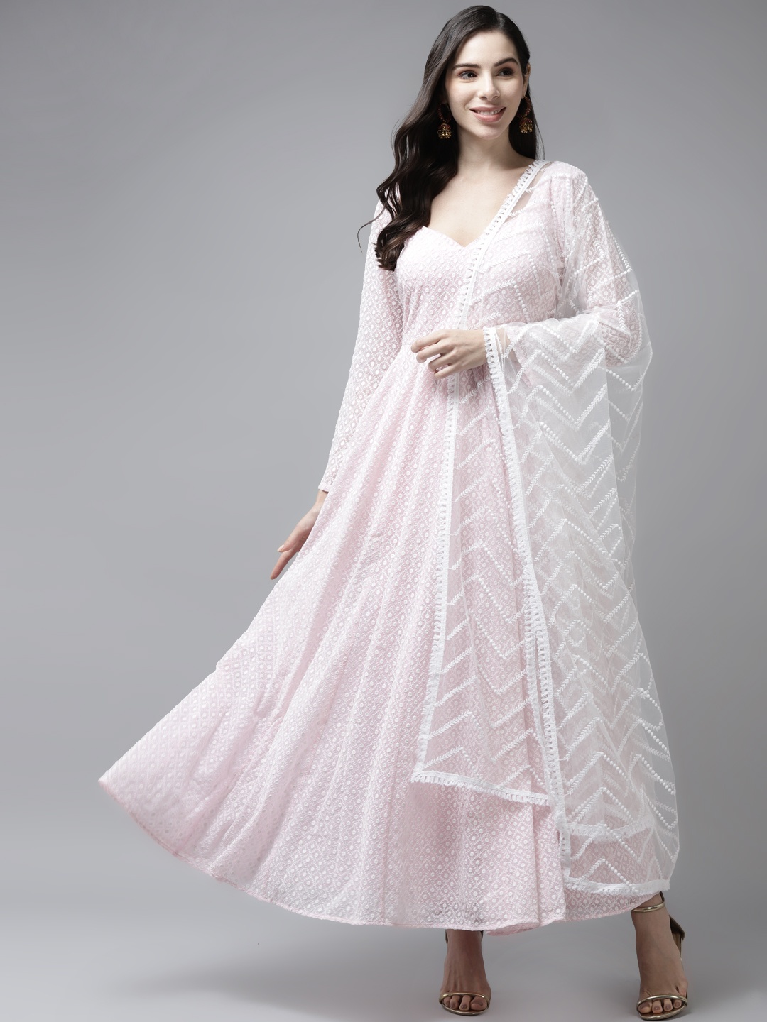 

PANIT Pink & White Ethnic Motifs Embroidered Georgette Ethnic Maxi Dress With Dupatta