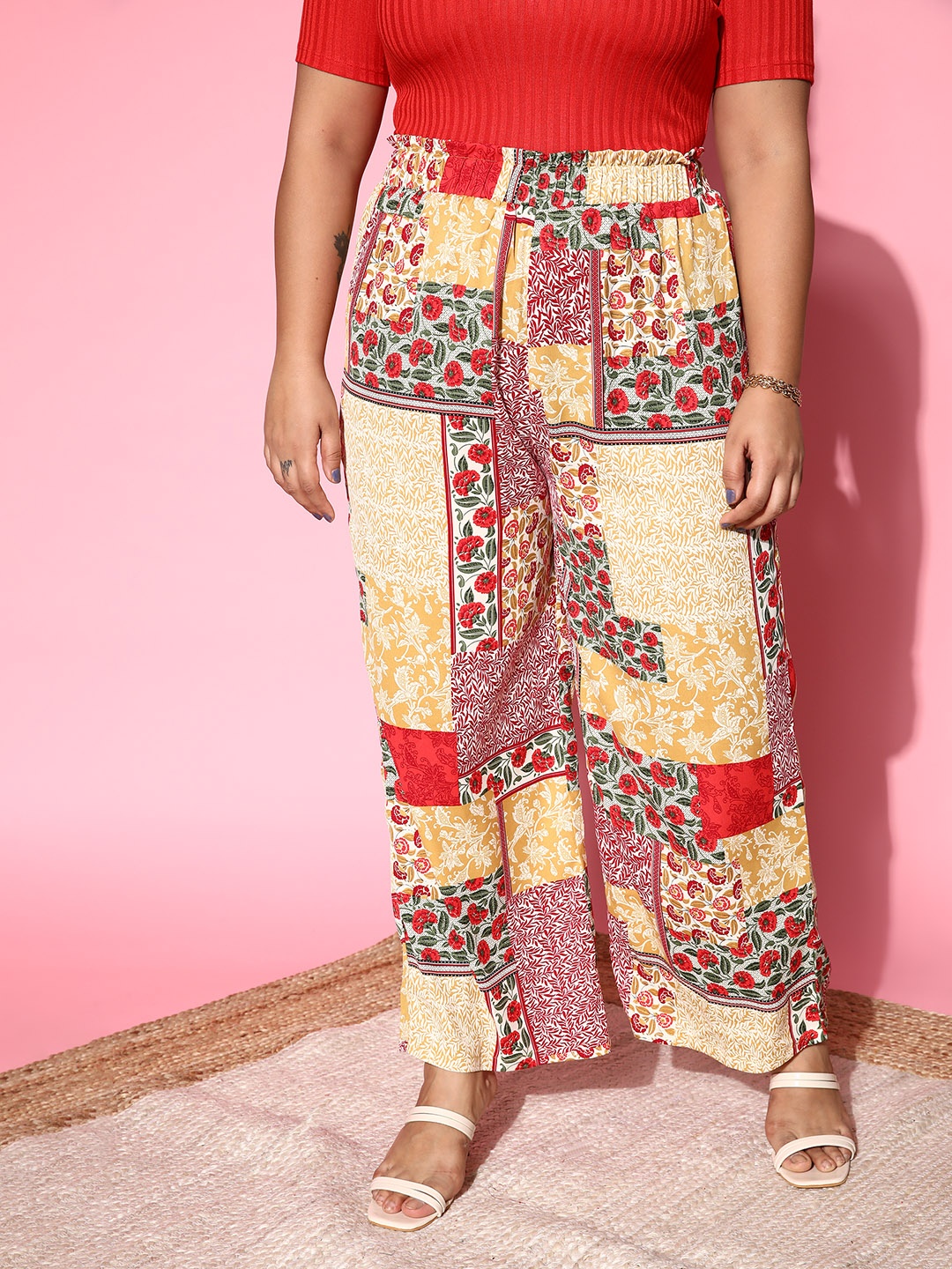 

Berrylush Curve Women Gorgeous Red Ethnic Motifs Roman Column Trousers