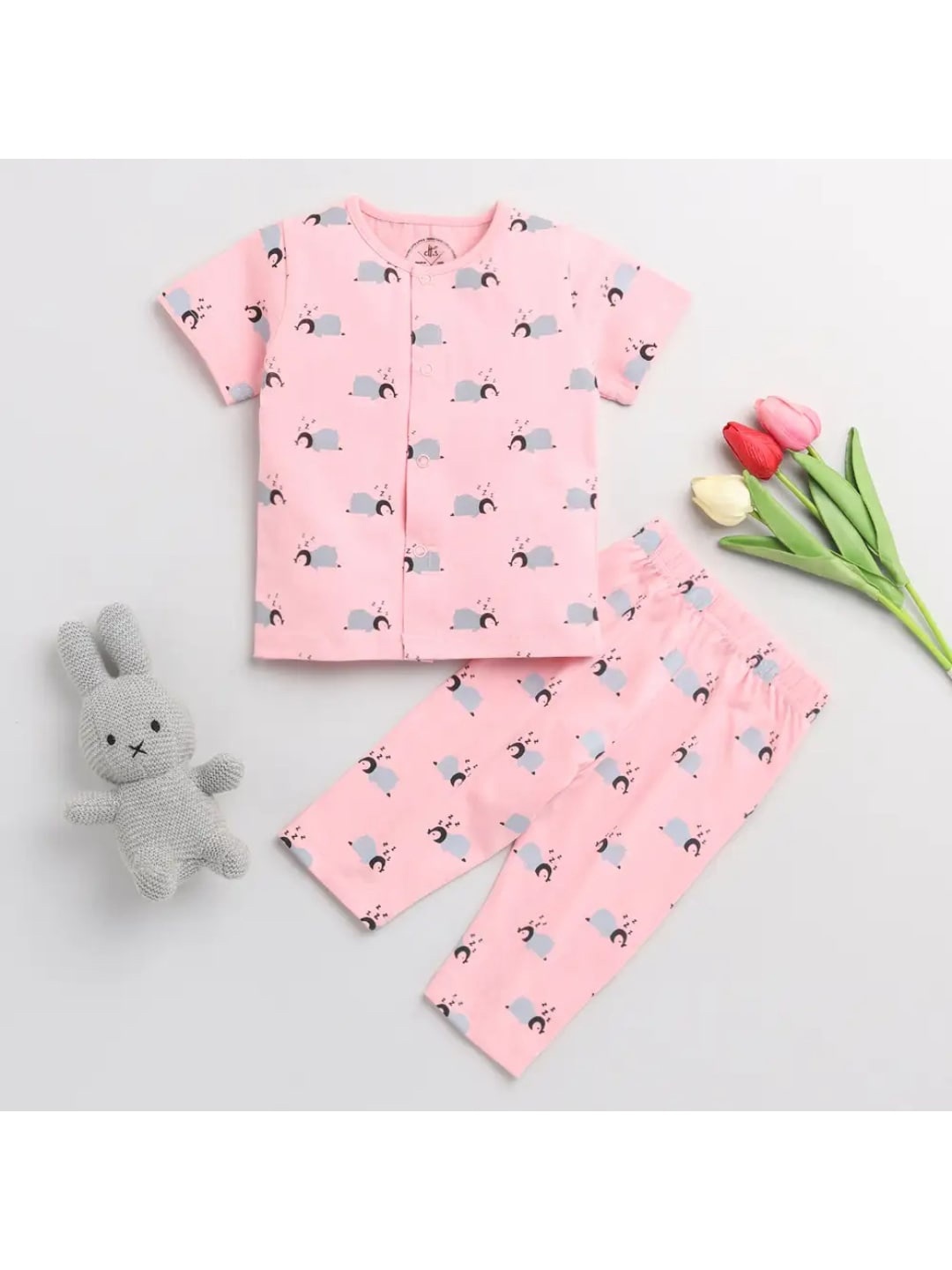 

Clt s Unisex Kids Pink & Grey Printed Night suit