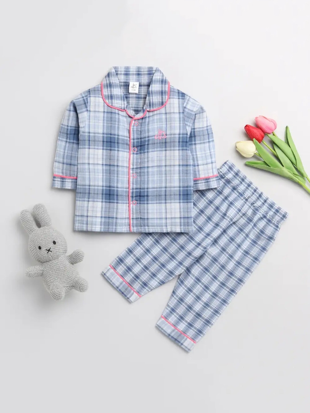 

Clt s Unisex Kids Blue Checked Printed Pure Cotton Night suit