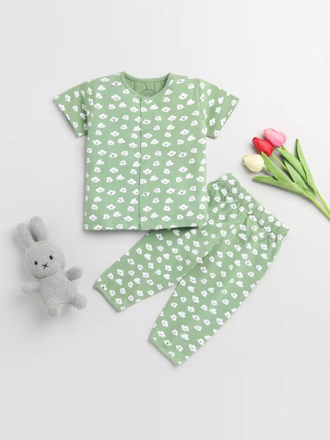 

Clt s Unisex Kids Green Printed Night suit 100% Cotton