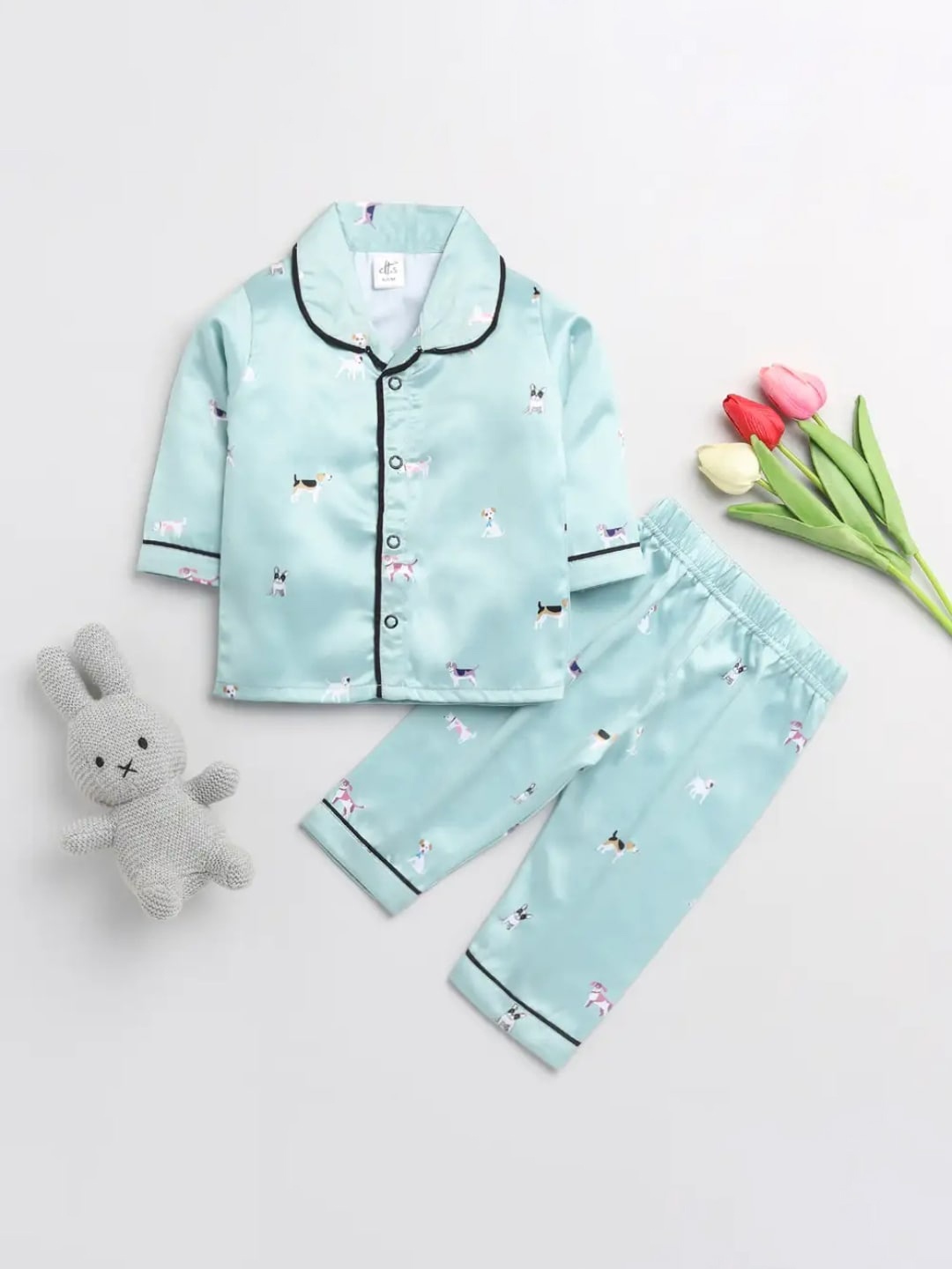

Clt s Unisex Kids Sea Green Printed Satin Night suit