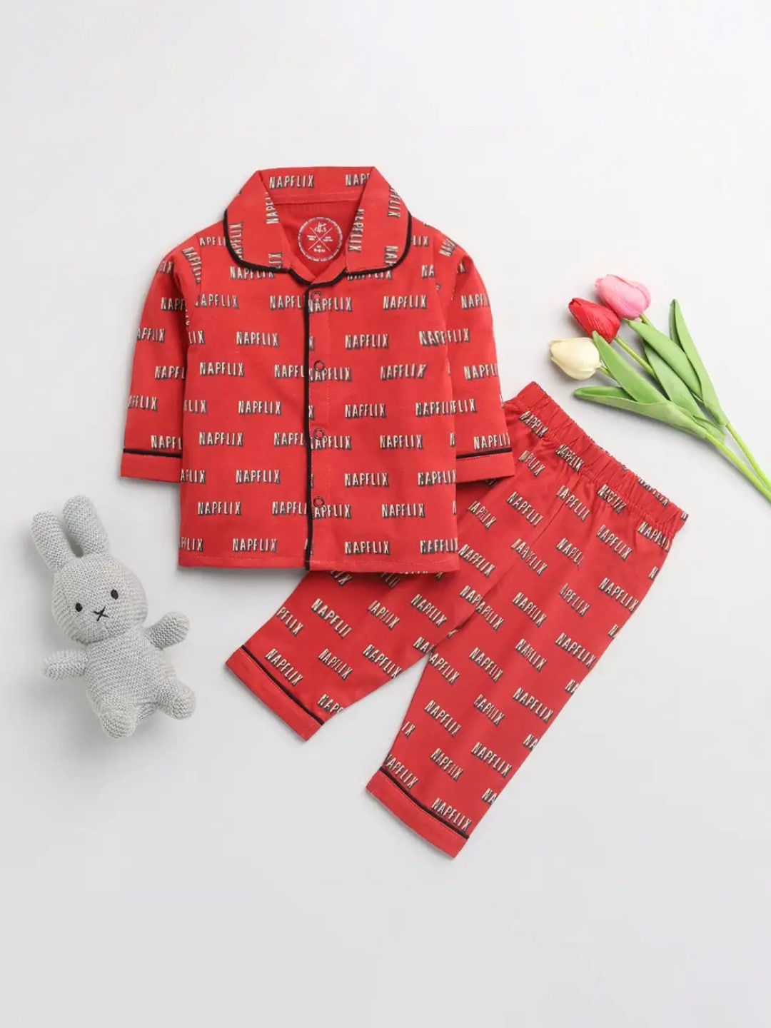 

Clt s Unisex Kids Red Printed Night suit 100% Cotton
