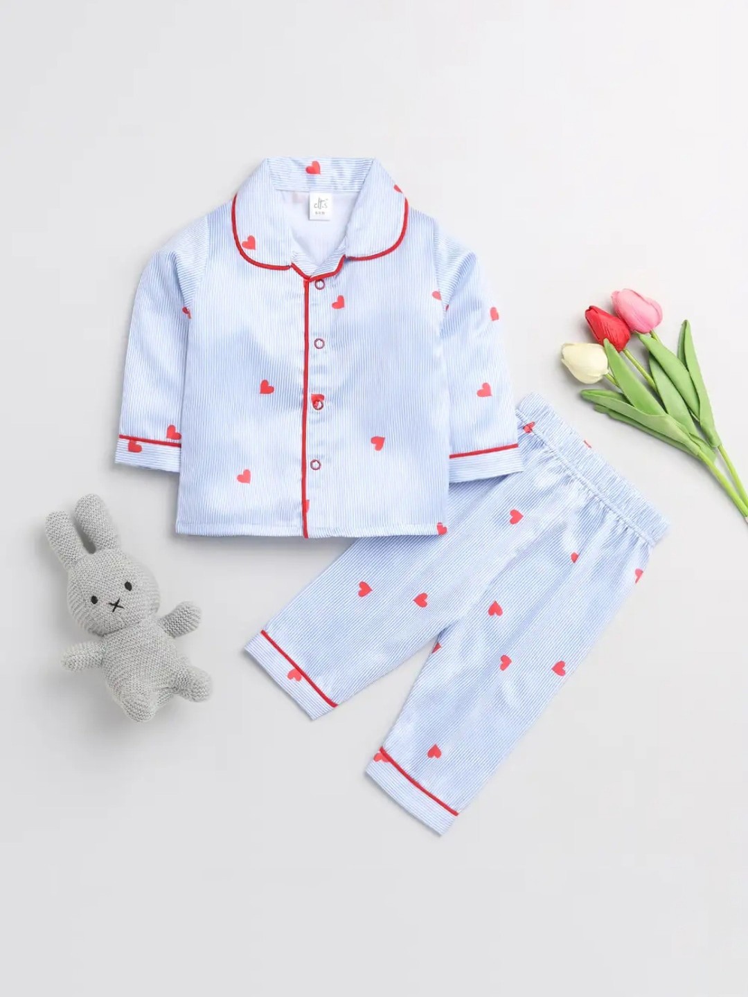 

Clt s Unisex Kids Blue Printed Satin Night suit