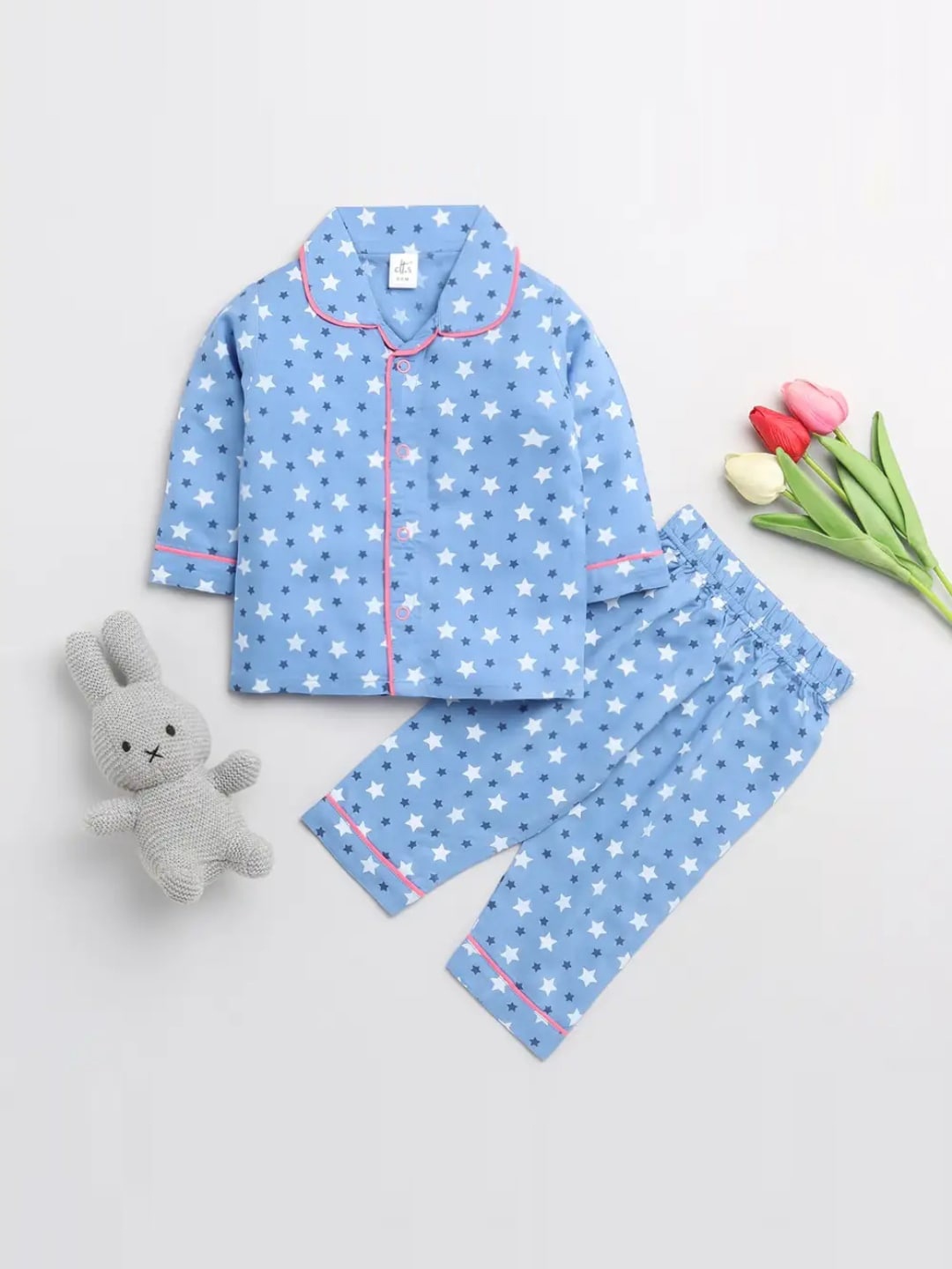 

Clt s Unisex Kids Blue & White Printed Night suit