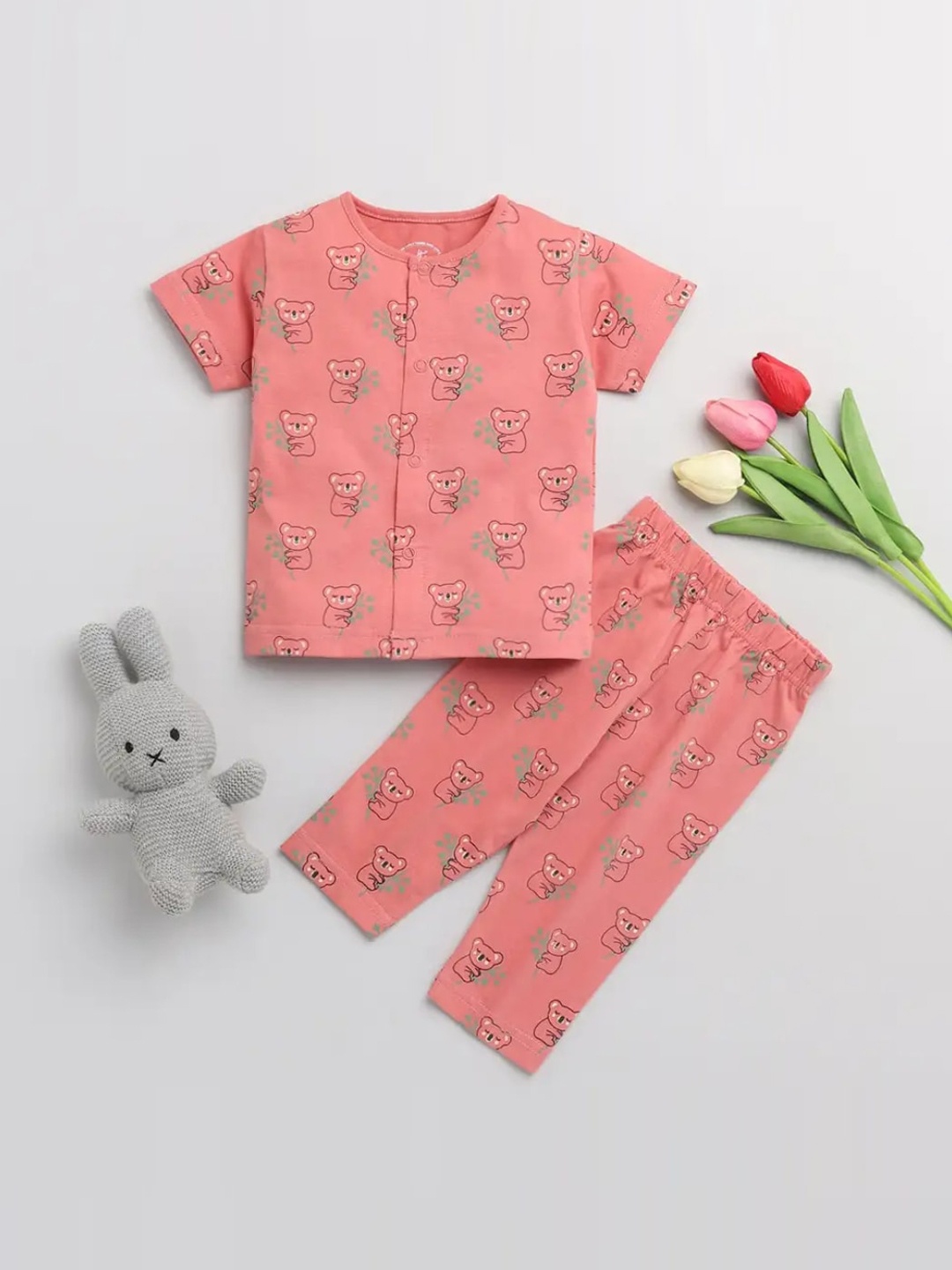 

Clt s Unisex Kids Pink & Green Printed Night suit