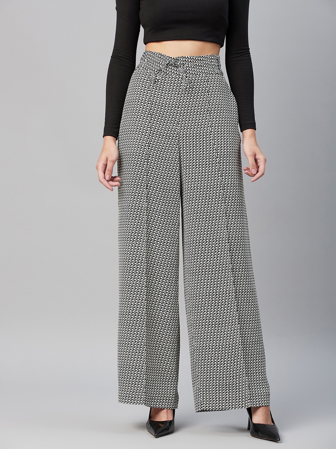 

Marks & Spencer Women Off White & Black Printed Wide Leg High-Rise Trousers