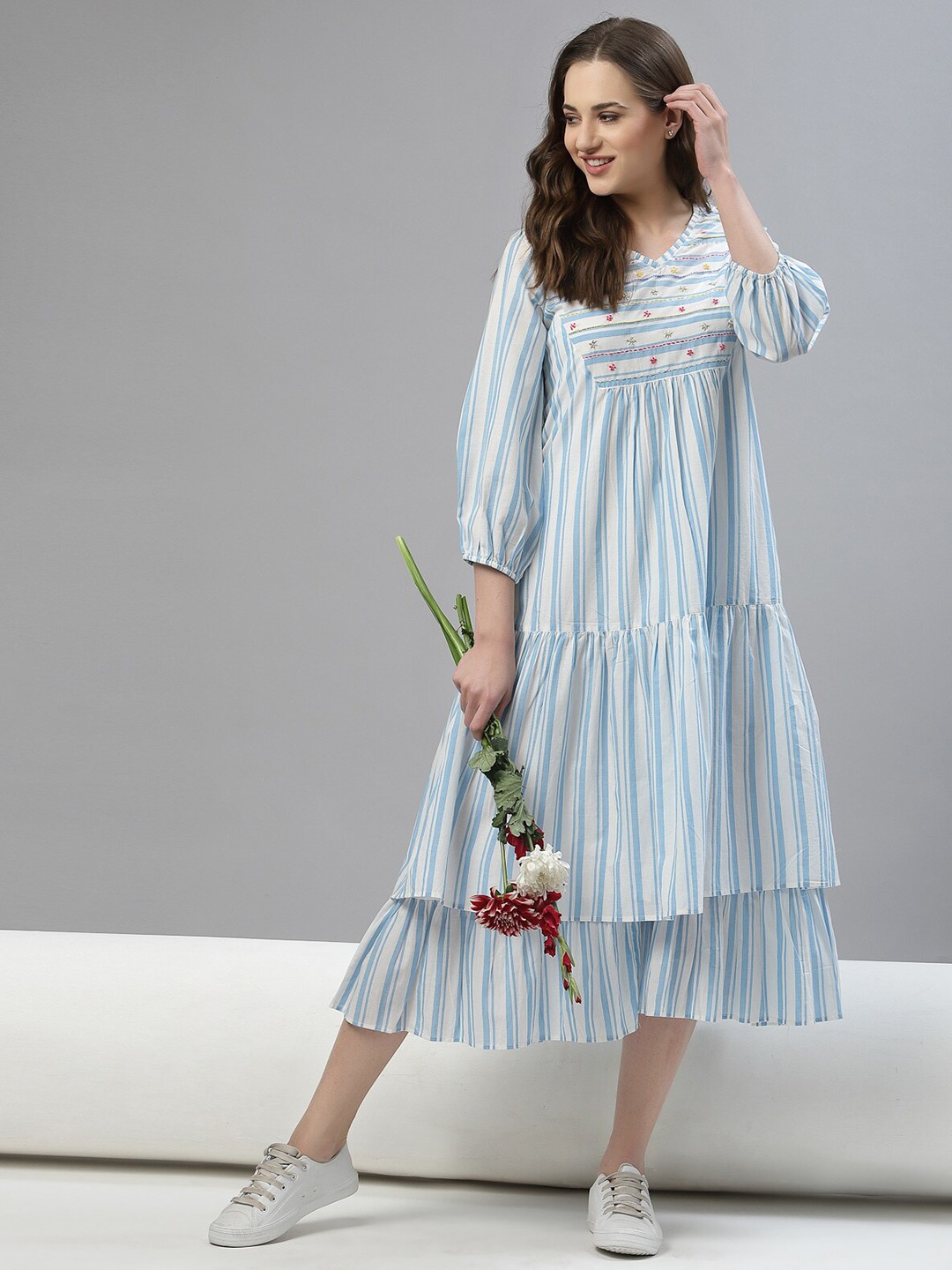 

TERQUOIS Women Blue & White Striped A-Line Midi Dress