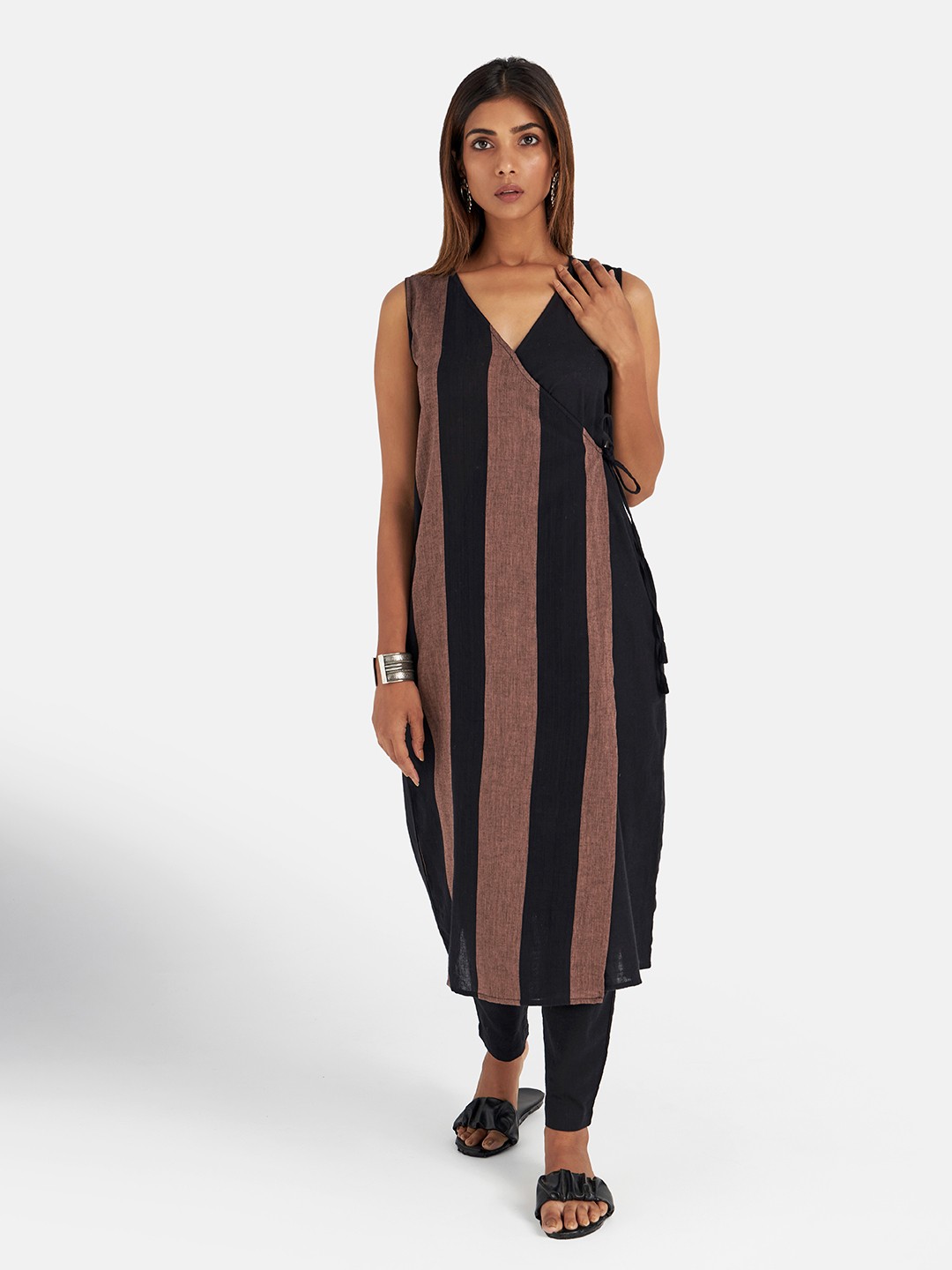 

Suta Women Black Striped Angrakha Pure Cotton Kurta with Churidar