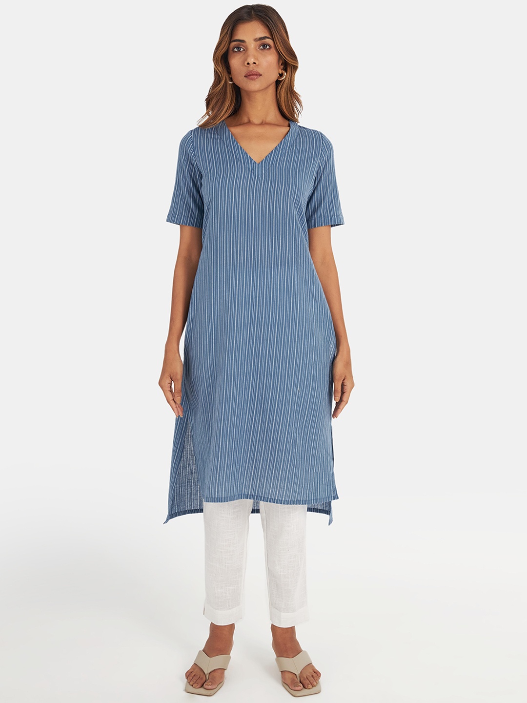 

Suta Women Blue Striped Pure Cotton Kurta with Trousers