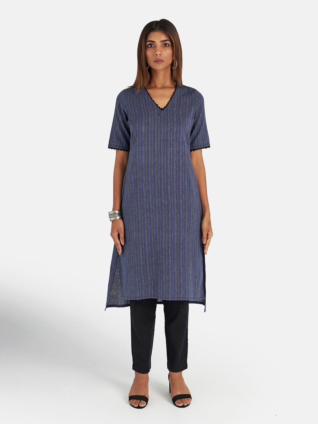 

Suta Women Blue Striped Pure Cotton Kurta with Trousers