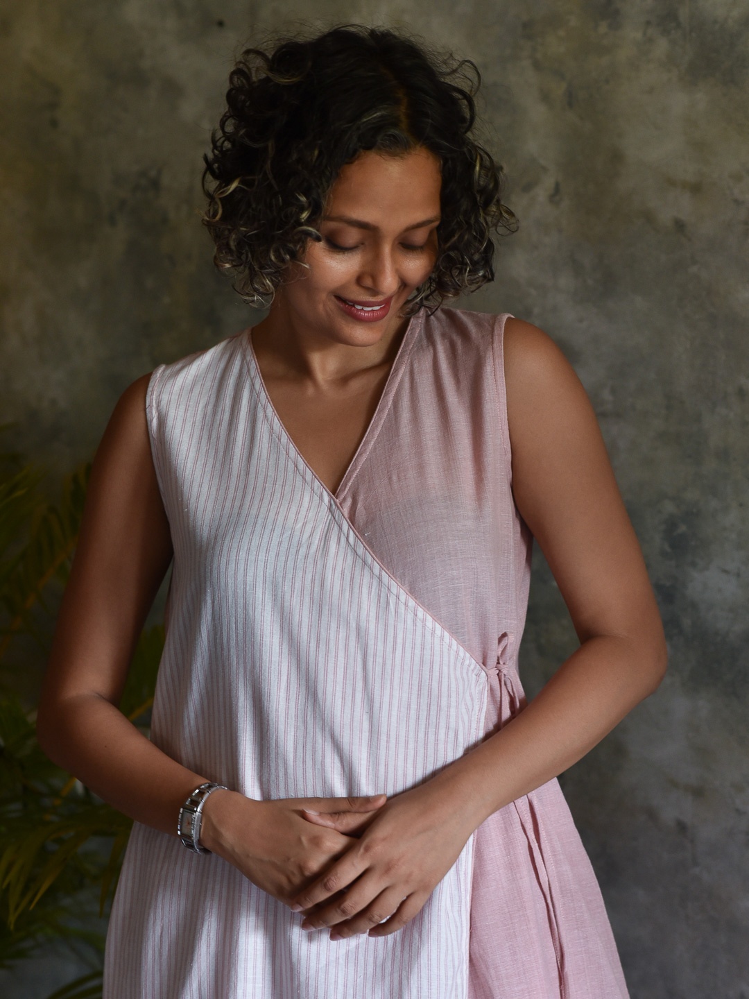 

Suta Women Pink Striped Angrakha Pure Cotton Kurta with Trousers