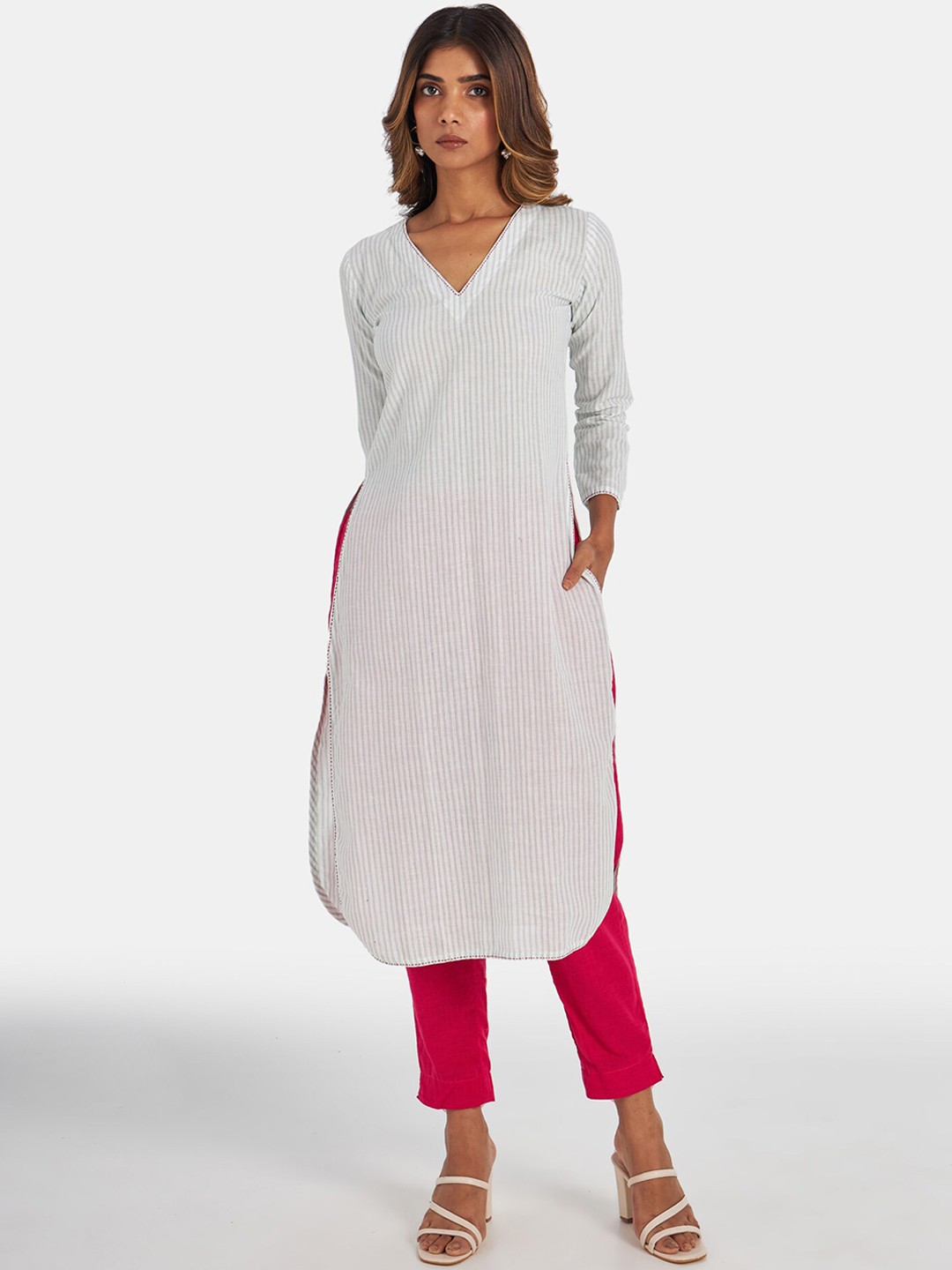 

Suta Women Off White Striped Pure Cotton Kurti with Trousers