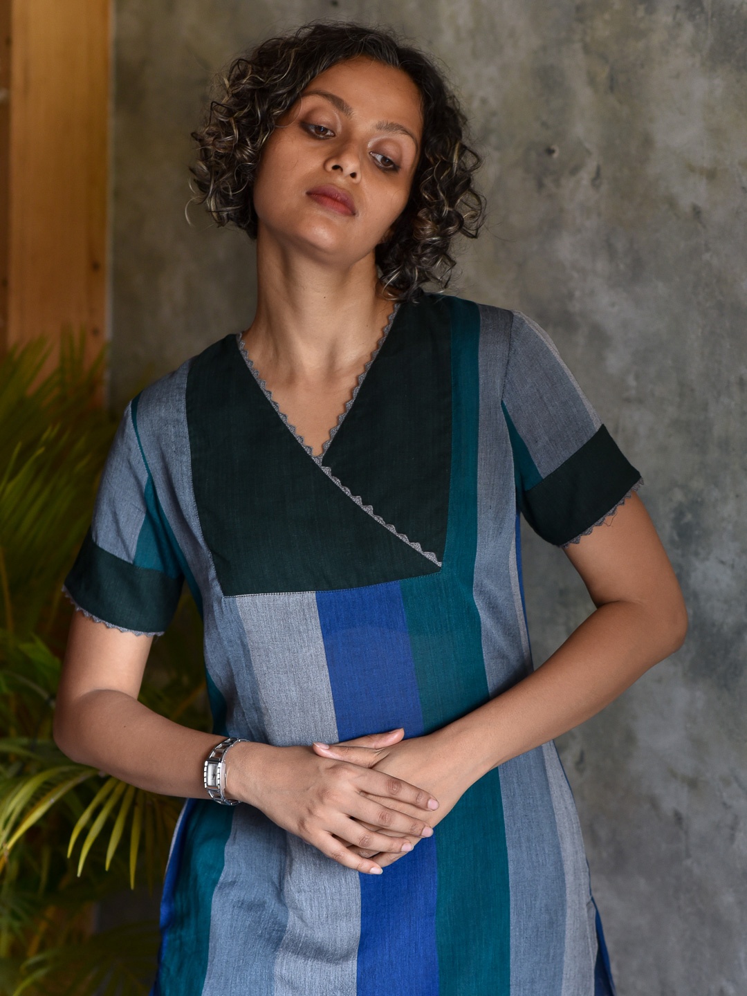 

Suta Women Multicoloured Striped Angrakha Pure Cotton Kurta with Trousers, Multi