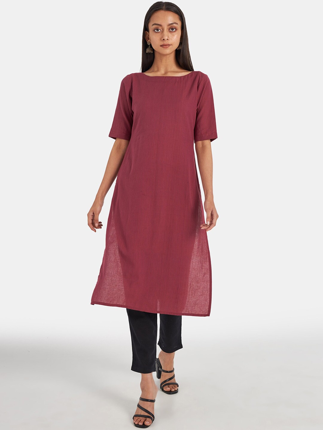 

Suta Women Maroon Striped Pure Cotton Kurta with Trousers