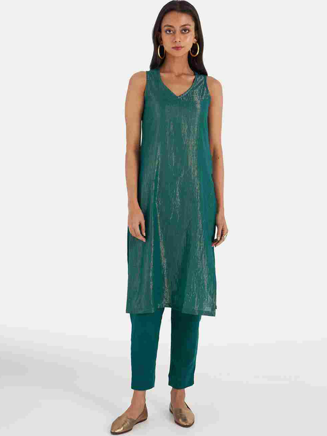 

Suta Women Teal Striped Cotton Blend Kurta with Trousers