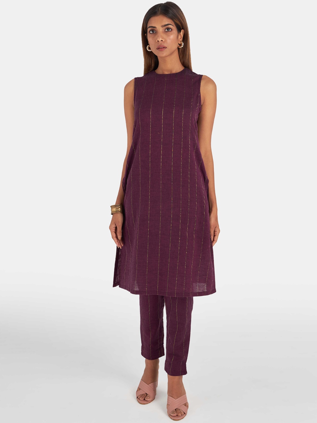 

Suta Women Purple Striped Pleated Kurta with Trousers