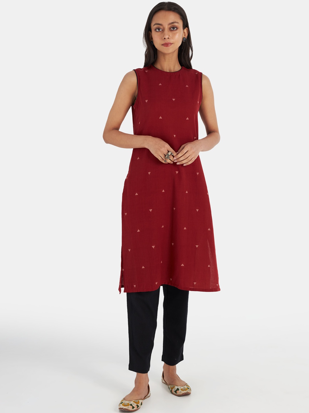 

Suta Women Maroon Self Design Pure Cotton Kurta with Trousers
