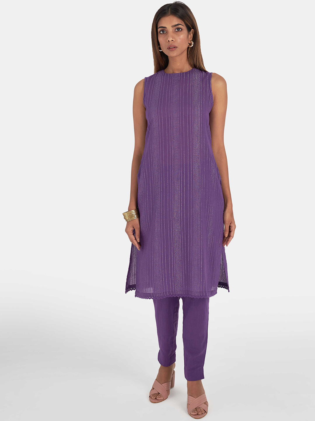 

Suta Women Purple Striped Pure Cotton Kurta with Trousers
