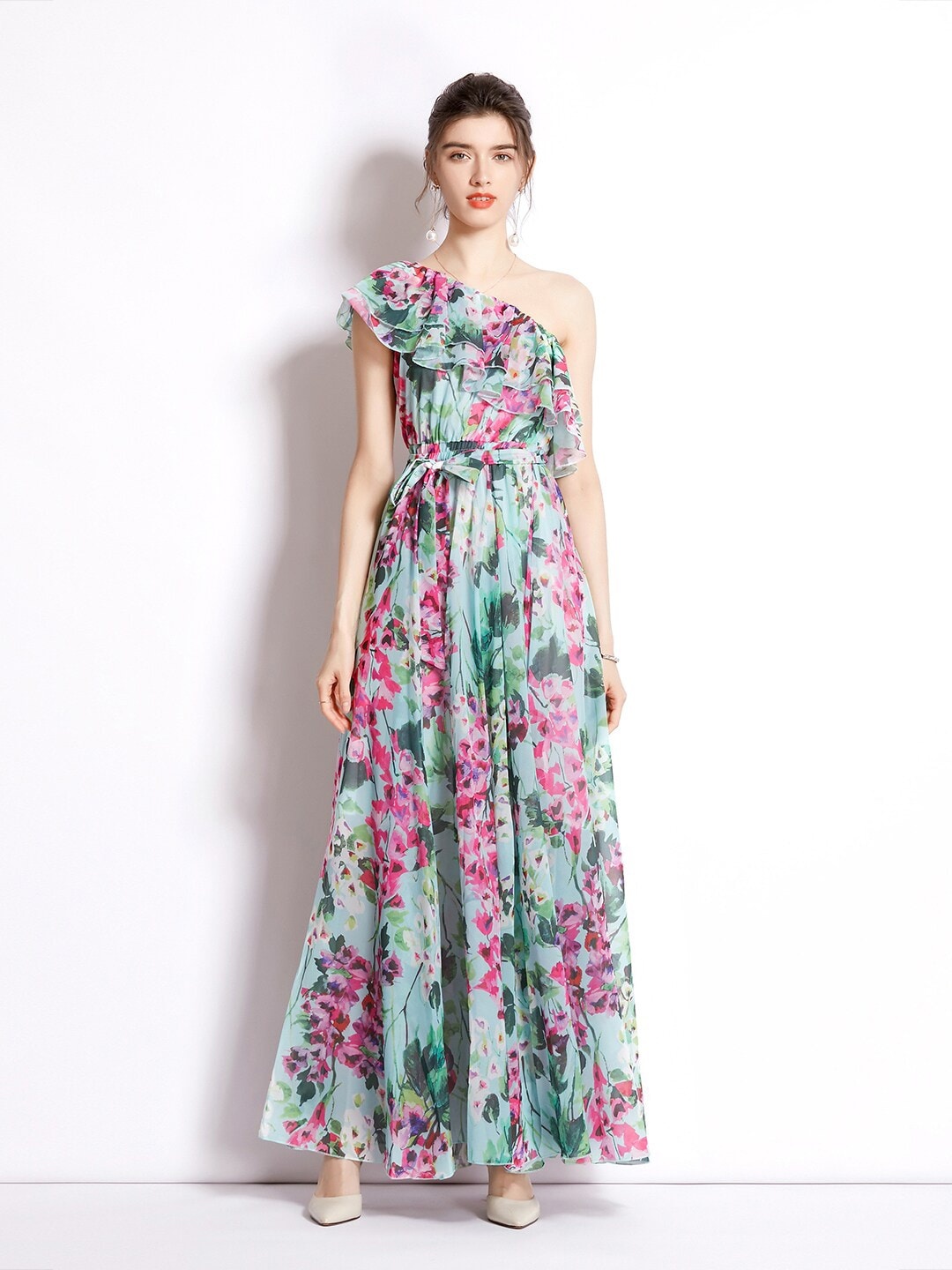 

JC Collection Sea Green & Pink Floral One Shoulder Maxi Dress