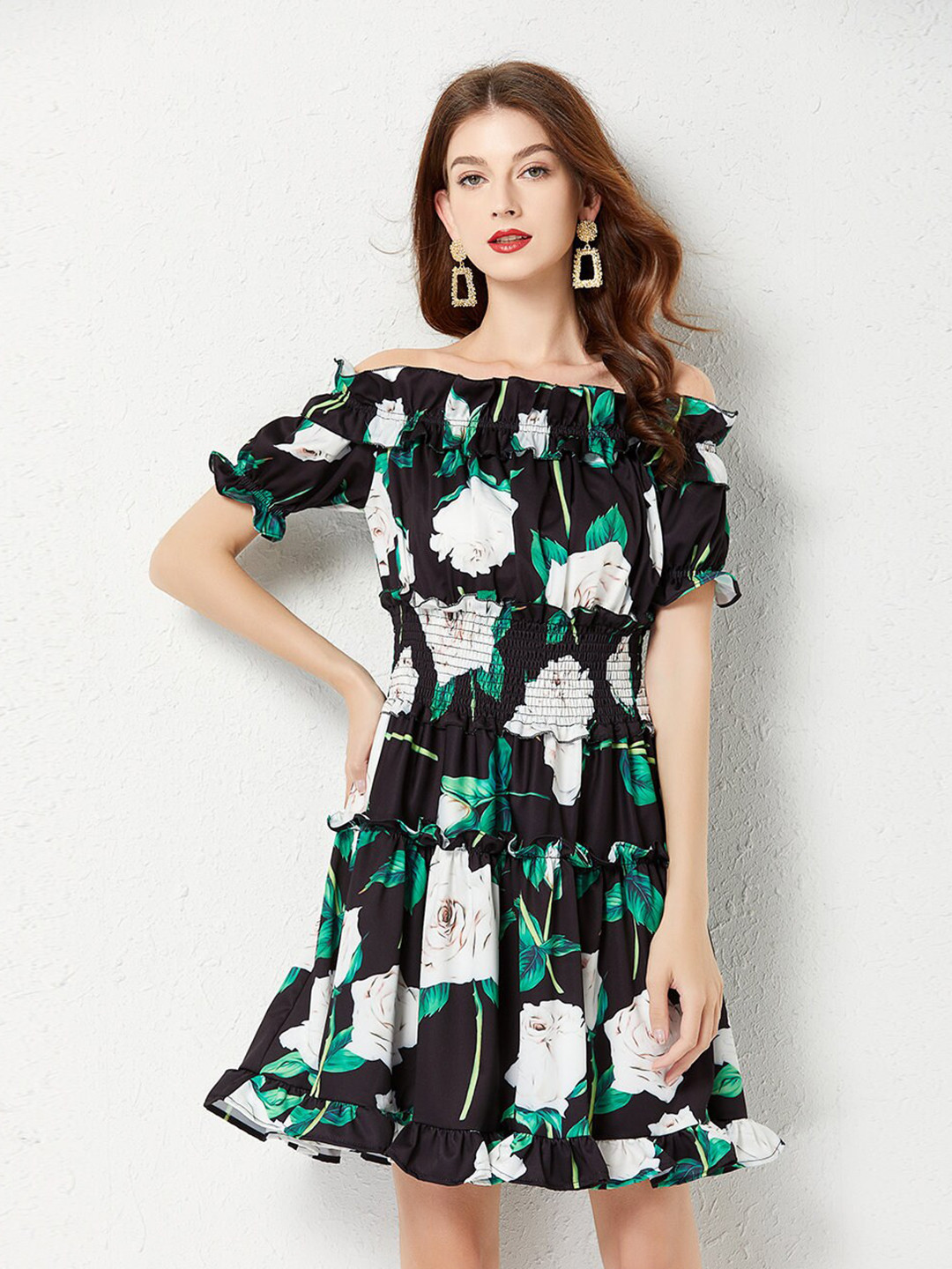 

JC Collection Black & White Floral Off-Shoulder Dress