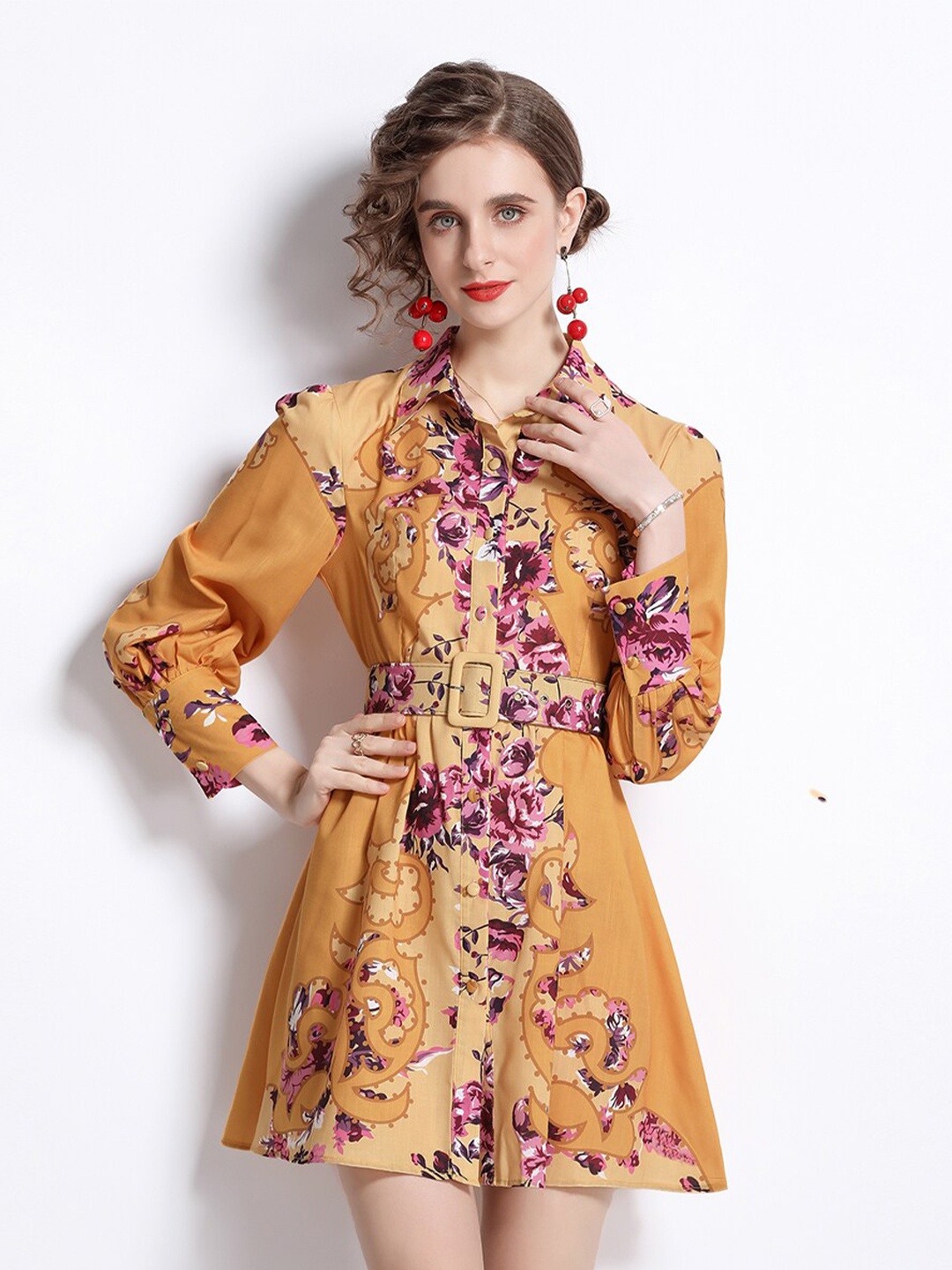 

JC Collection Women Gold-Toned & Purple Floral Printed Shirt Dress