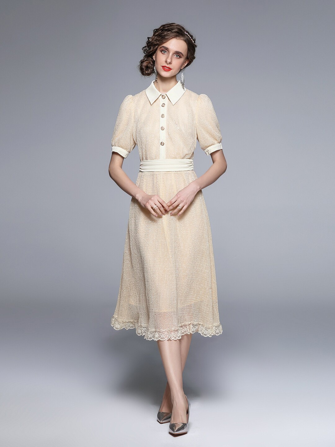 

JC Collection Women Beige Self Design Midi Dress