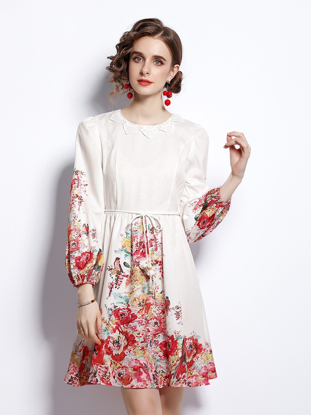 

JC Collection White & Red Floral Printed A-Line Dress