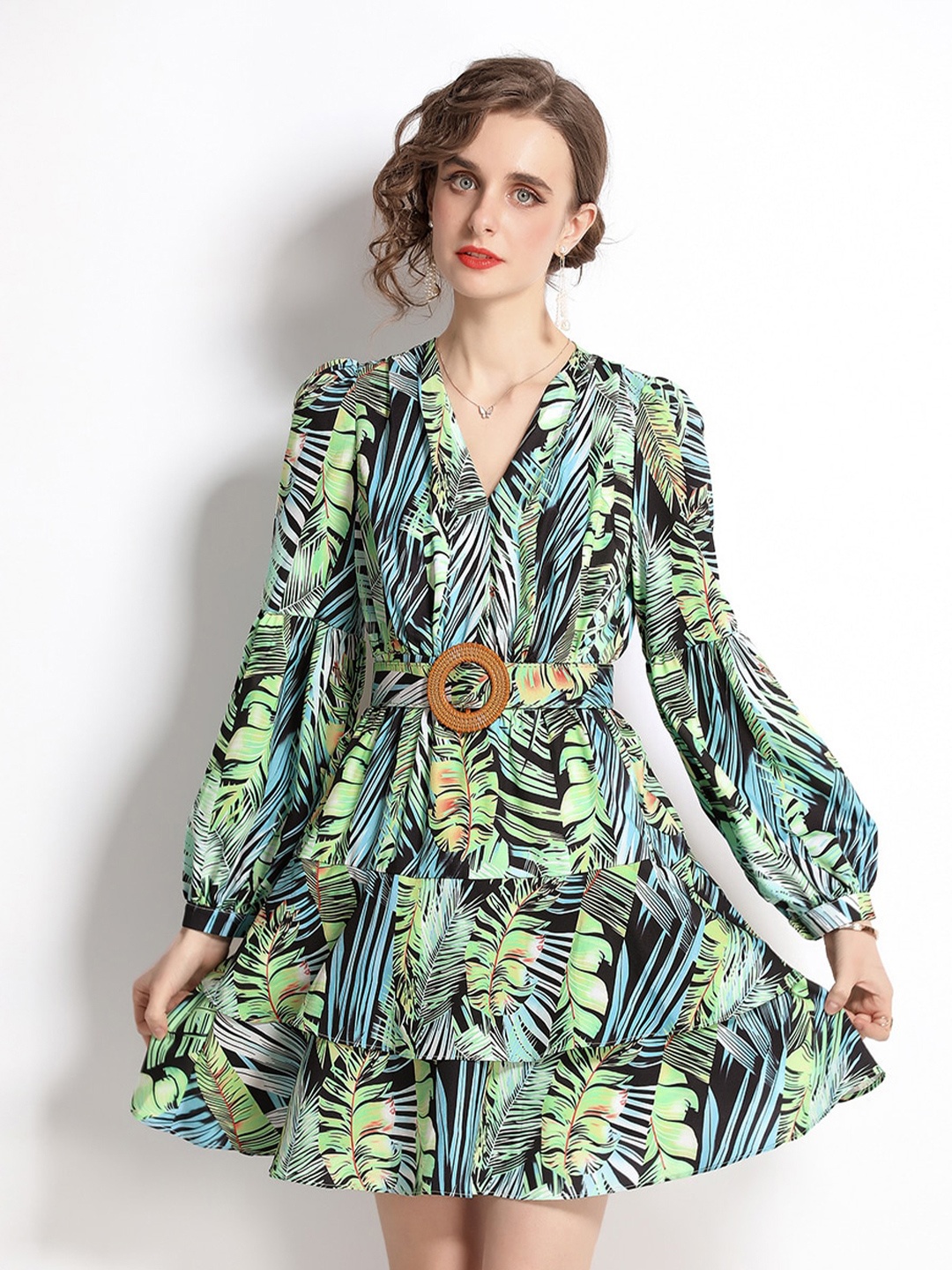 

JC Collection Women Lime Green & Blue Printed A-Line Dress