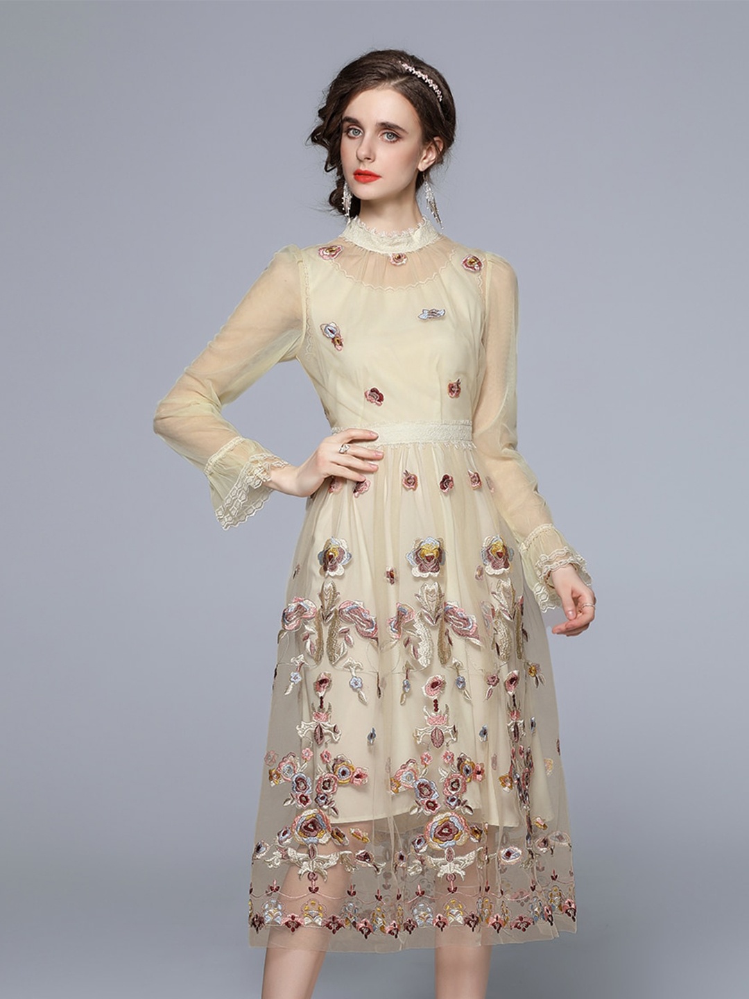 

JC Collection Women Beige & Maroon Floral Embroidered Midi Dress