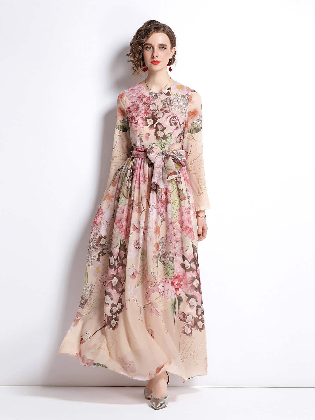 

JC Collection Peach-Coloured & Brown Floral Maxi Dress