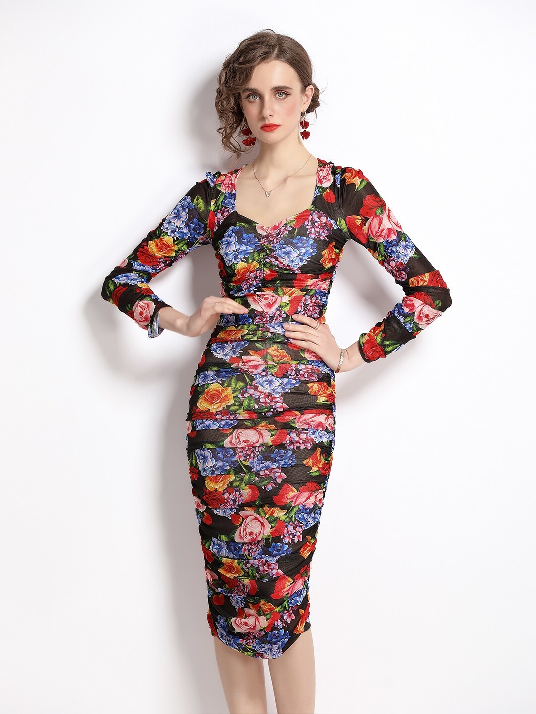 

JC Collection Women Multicoloured Floral Printed Bodycon Midi Dress, Multi