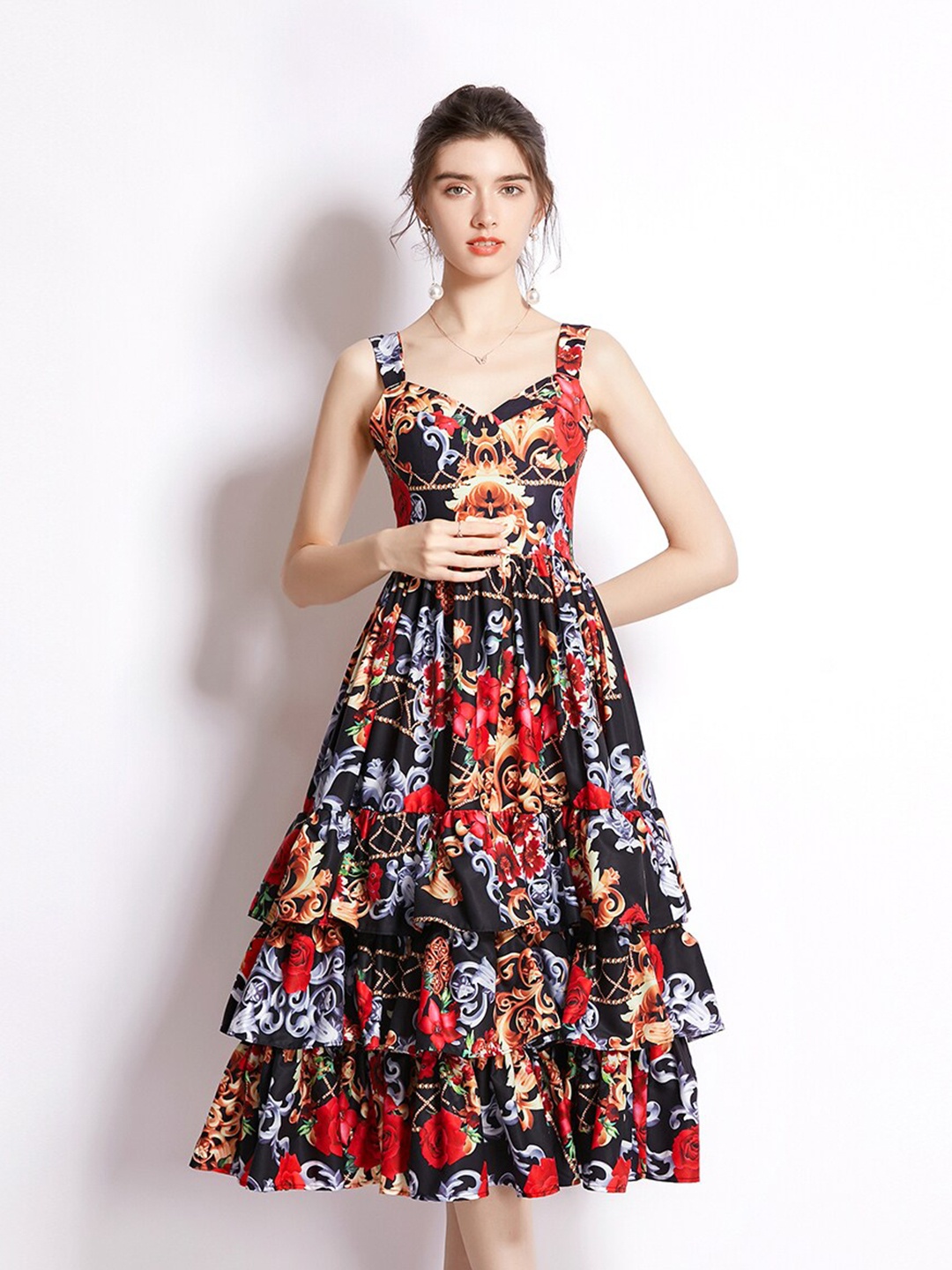 

JC Collection Red & Black Floral Layered Midi Dress