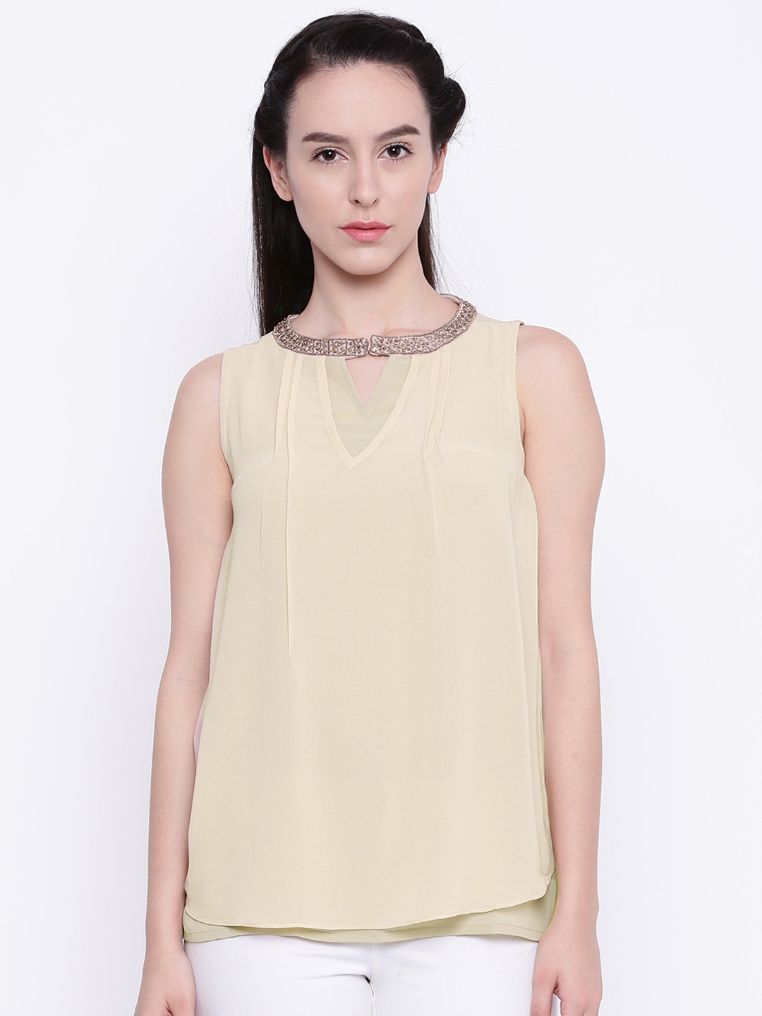 

AND Women Beige Solid Semi-Sheer Layered Top