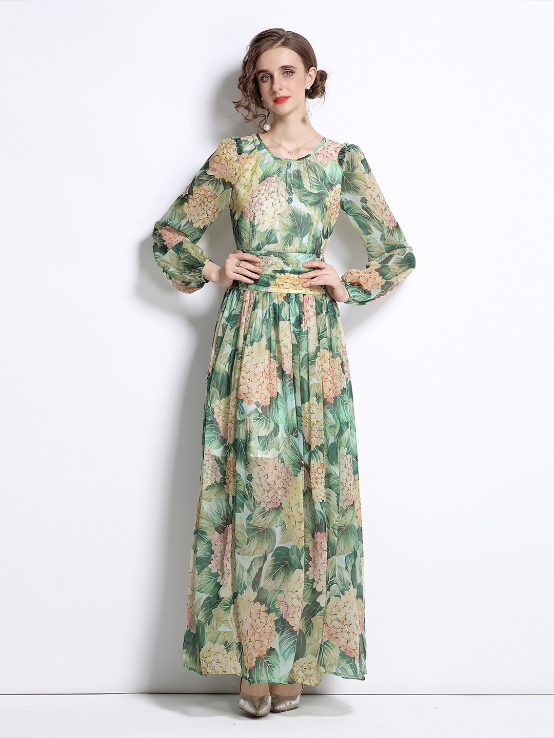 

JC Collection Green & Beige Floral Maxi Dress