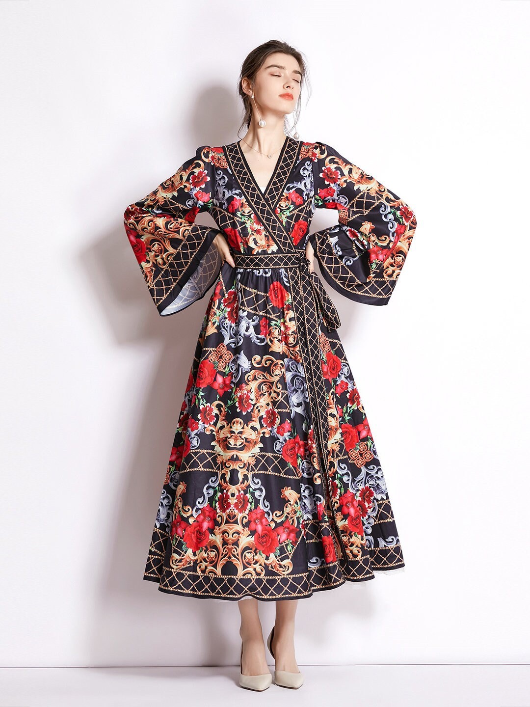 

JC Collection Red & Black Floral Printed Wrap Dress