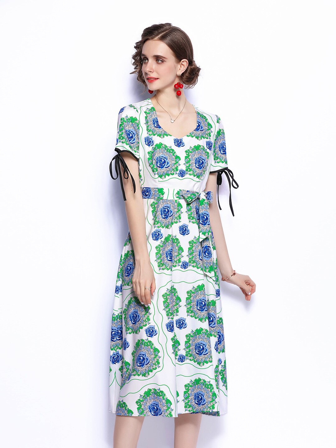 

JC Collection Women Green & White Ethnic Motifs Printed A-Line Midi Dress