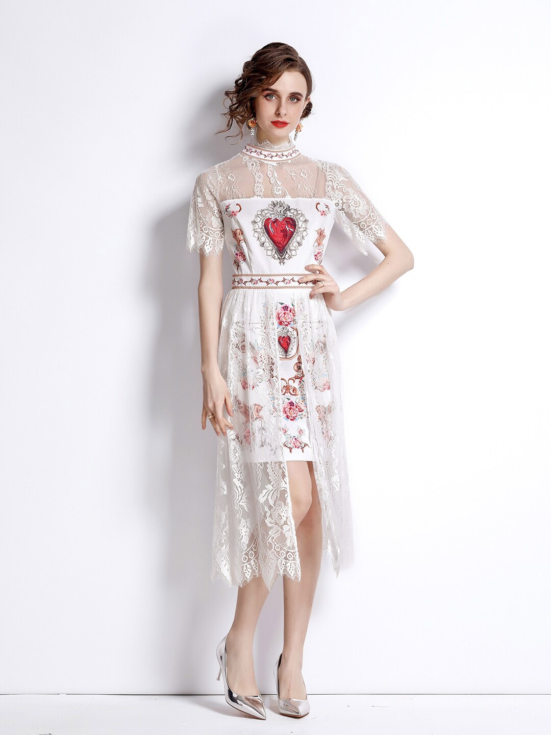 

JC Collection Women White & Red Floral Printed A-Line Midi Dress