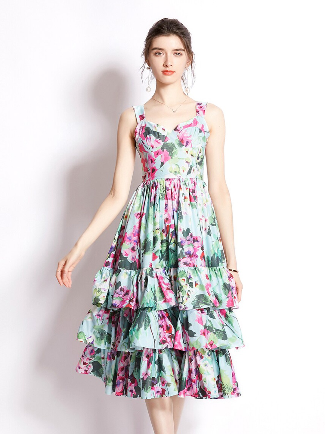 

JC Collection Women Green & Pink Floral Printed Midi Dress