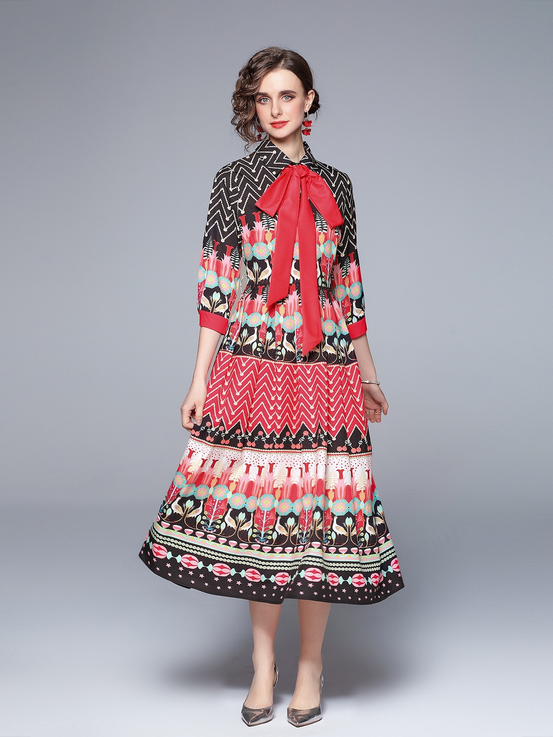 

JC Collection Women Red & Black Floral Printed A-Line Midi Dress