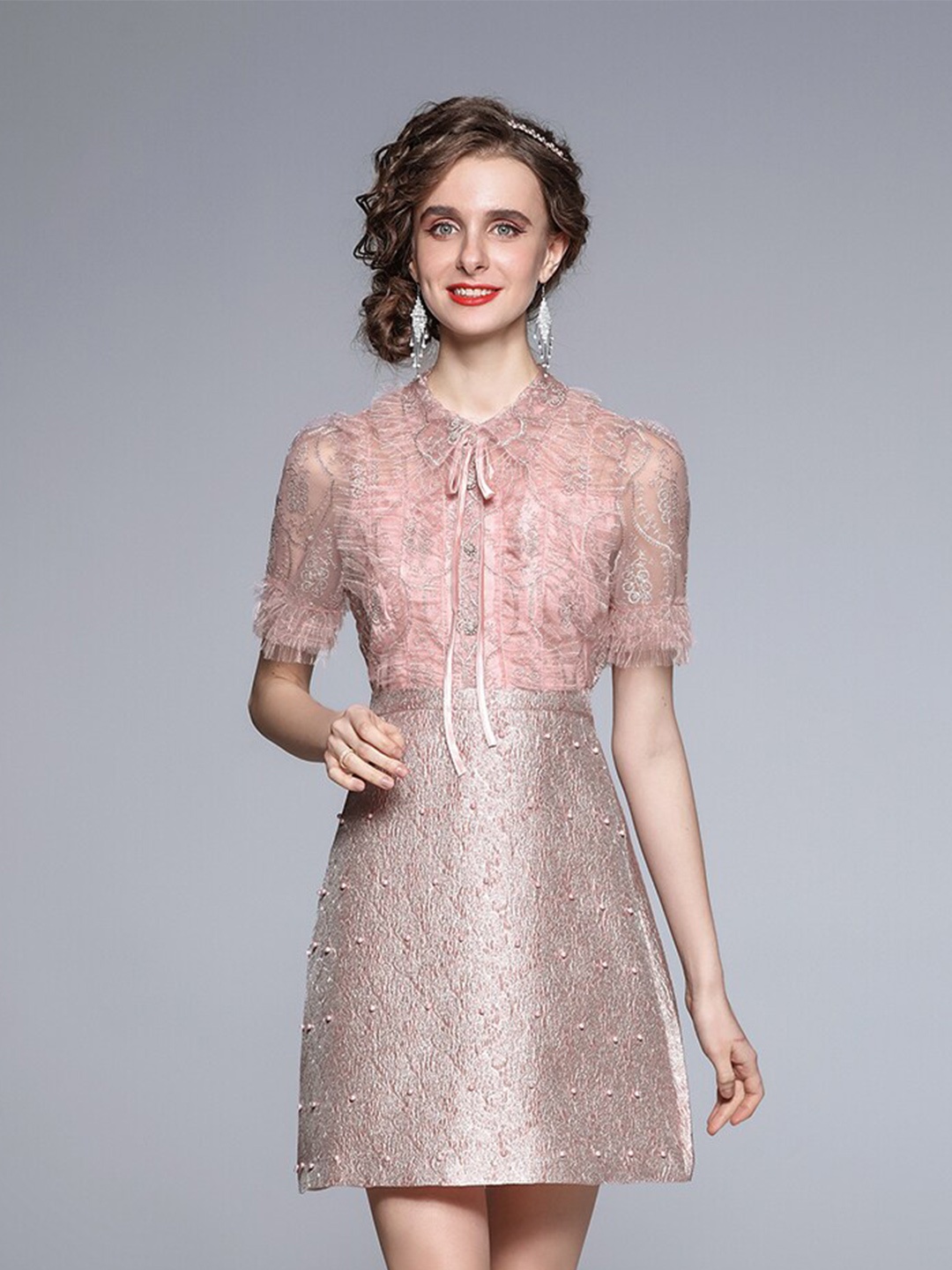 

JC Collection Women Pink Tie-Up Neck Mini Dress