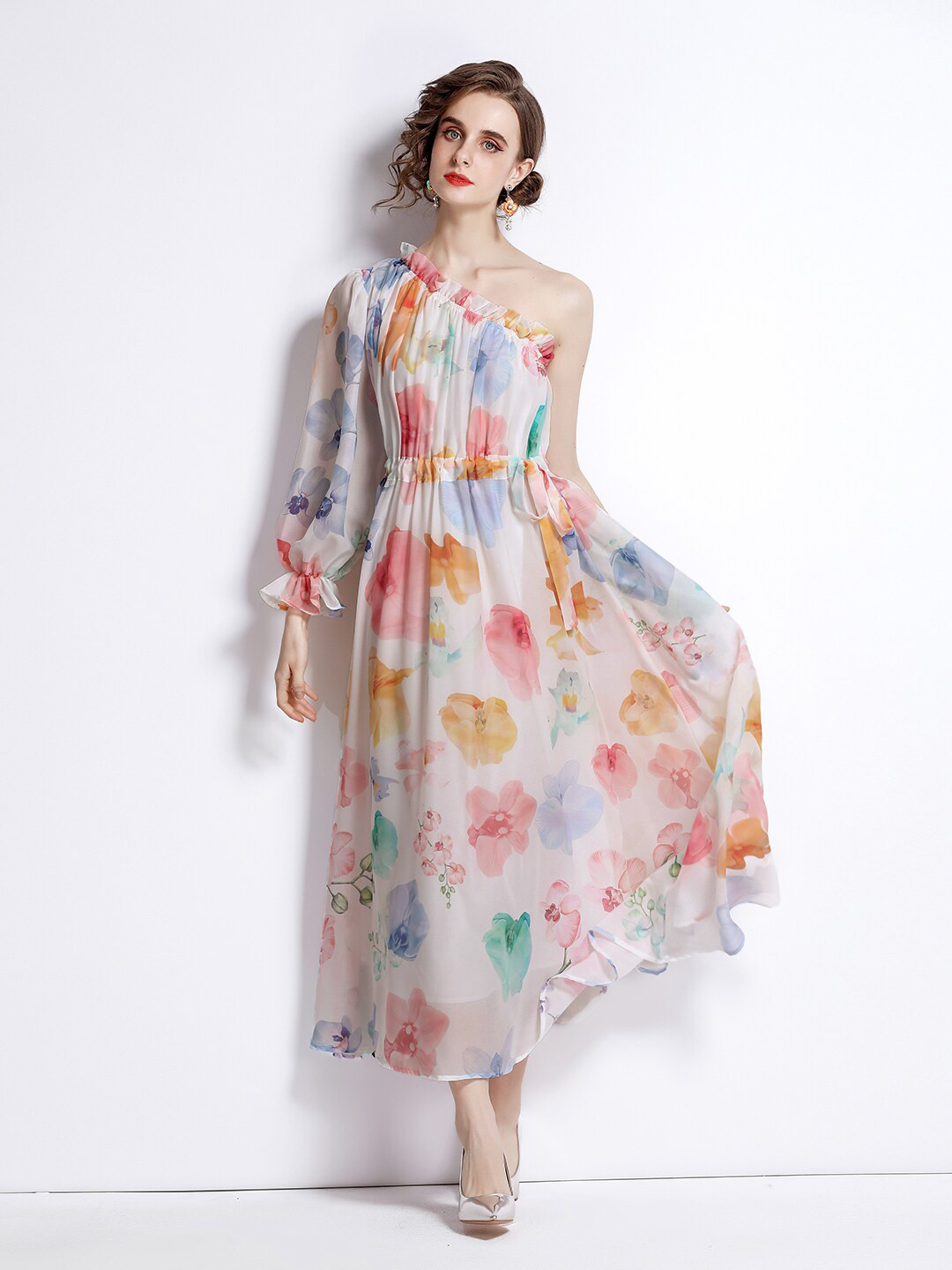 

JC Collection Women White & Pink Floral Printed One Shoulder Maxi Dress