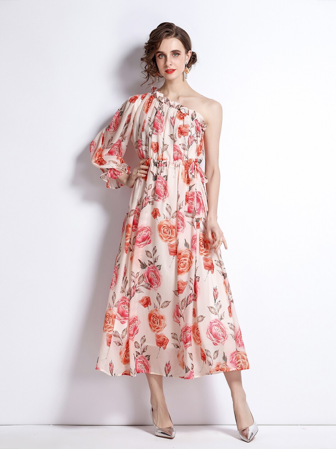 

JC Collection Women Pink Floral Printed One Shoulder Maxi Dress