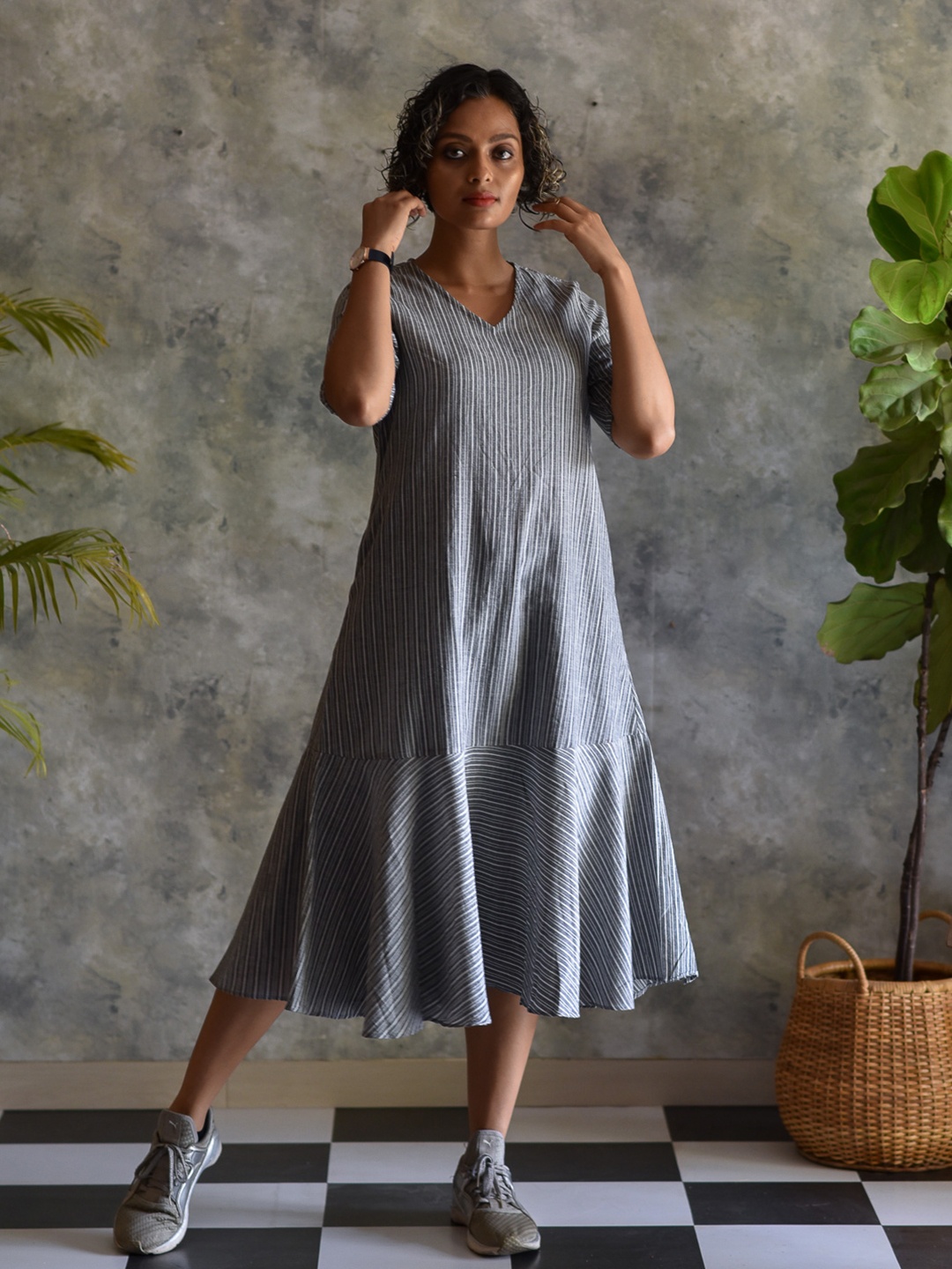 

Suta Women Grey & White Striped Cotton Midi Dress