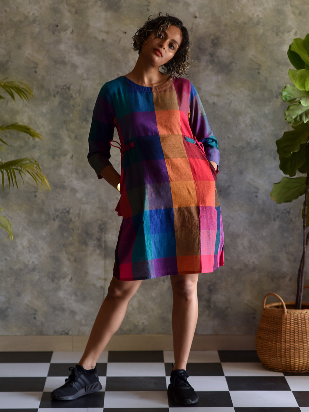 

Suta Women Multicoloured Checked Cotton A-Line Dress, Multi