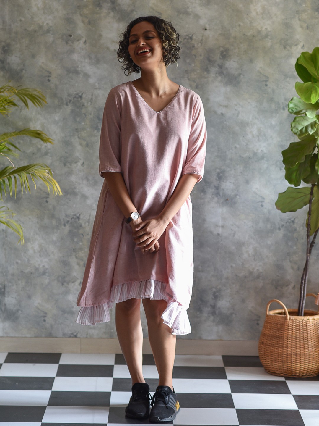 

Suta Women Peach-Coloured Cotton A-Line Midi Dress